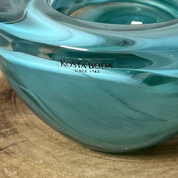 Kosta Boda Anna Ehrner 4.5" Light Blue Swirl Art Glass Candle Holder Bowl - Picture 7 of 7